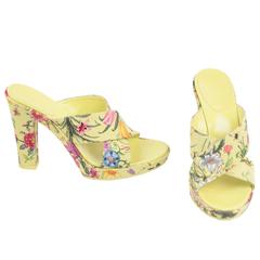 GUCCI Green Floral Fabric HEELED SANDALS Shoes PUMPS Size 36 1/2