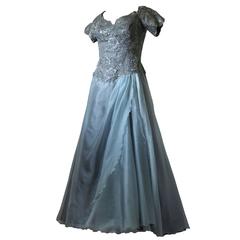 Vicky Tiel Couture Silk Taffeta Evening Gown Floral Beading Anthracite Gray 44 7