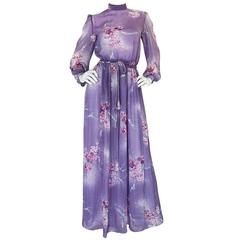 1970s Hanae Mori Romantic Pale Purple Print Chiffon Dress 10