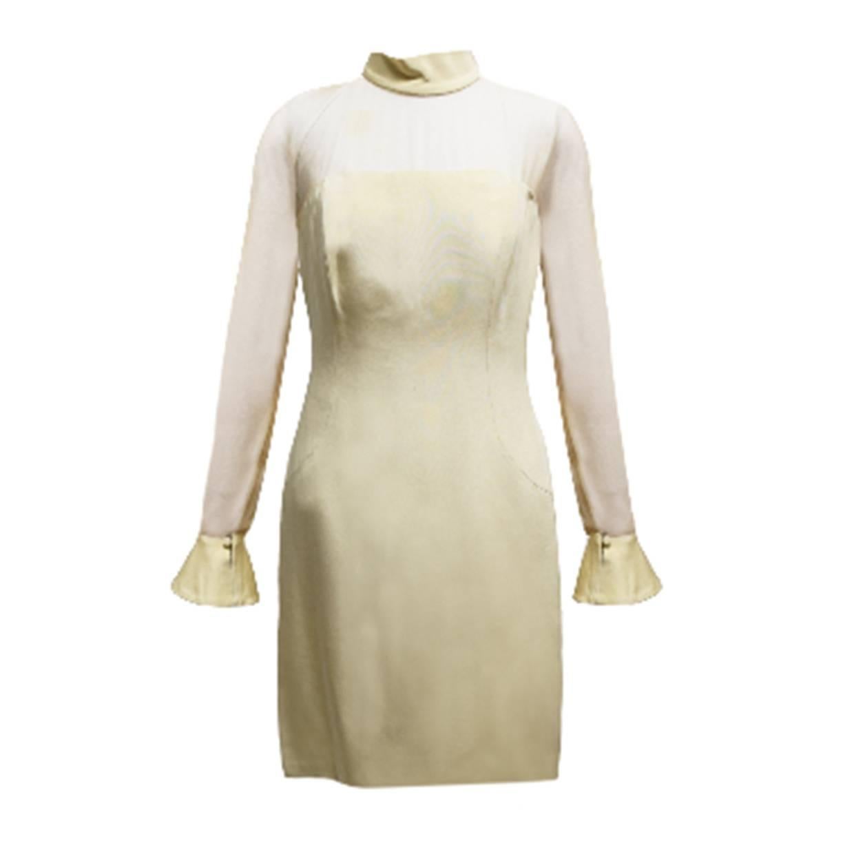 Vera Wang Beige Mini Sheath Dress with Mock Neck and Sheer Sleeves  For Sale