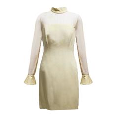 Vera Wang Beige Mini Sheath Dress with Mock Neck and Sheer Sleeves 