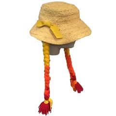 1960s Mr. Kenneth Straw Beach Hat w Red, Orange and Yellow Ombré Yarn Braids 4