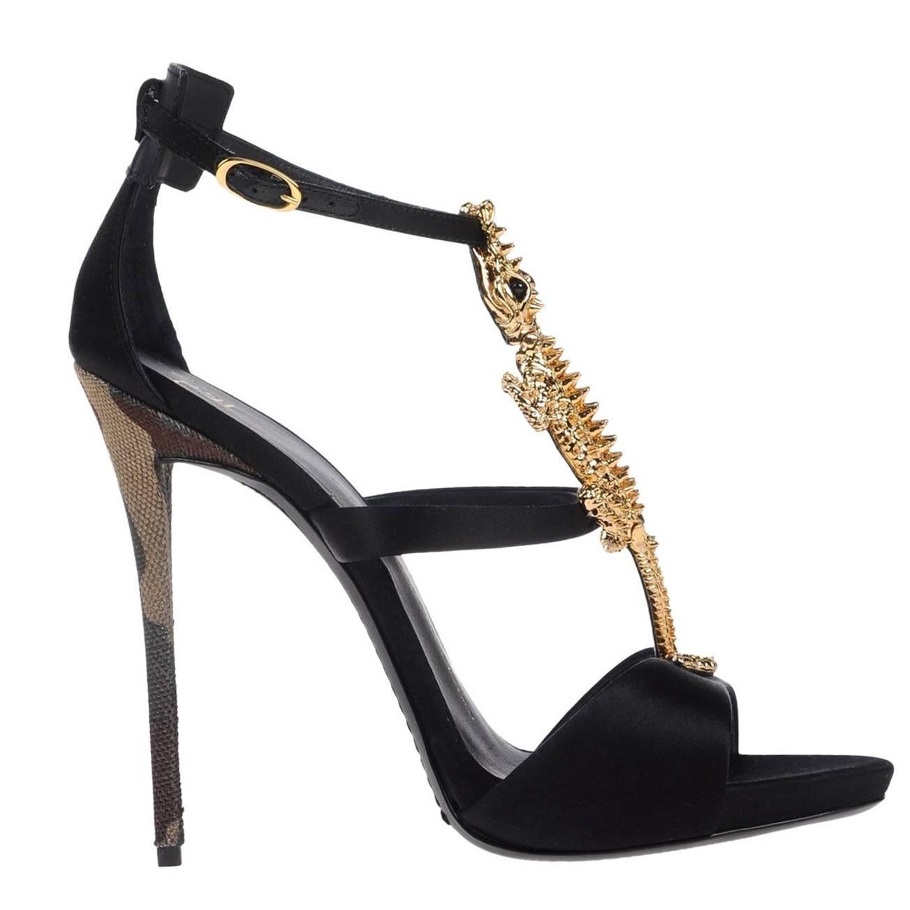 Giuseppe Zanotti Brand NEW Black Satin Gold Alligator High Heels Sandals in Box