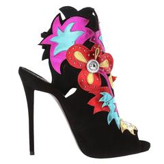 Giuseppe Zanotti NEW Black Suede Leather Multi Color Flower Stud Heels in Box