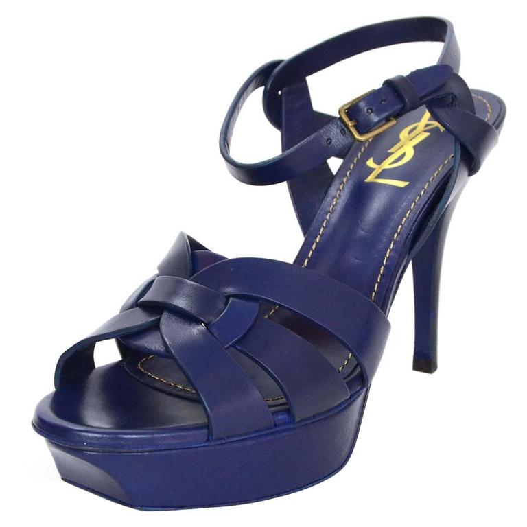 Yves Saint Laurent YSL Navy Leather Tribute 75 Strappy Sandals sz 38.5 ...