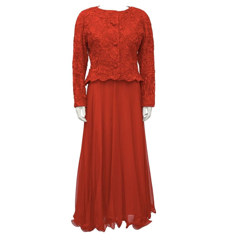 1980's Scaasi Red Lace And Satin Gown With Jacket