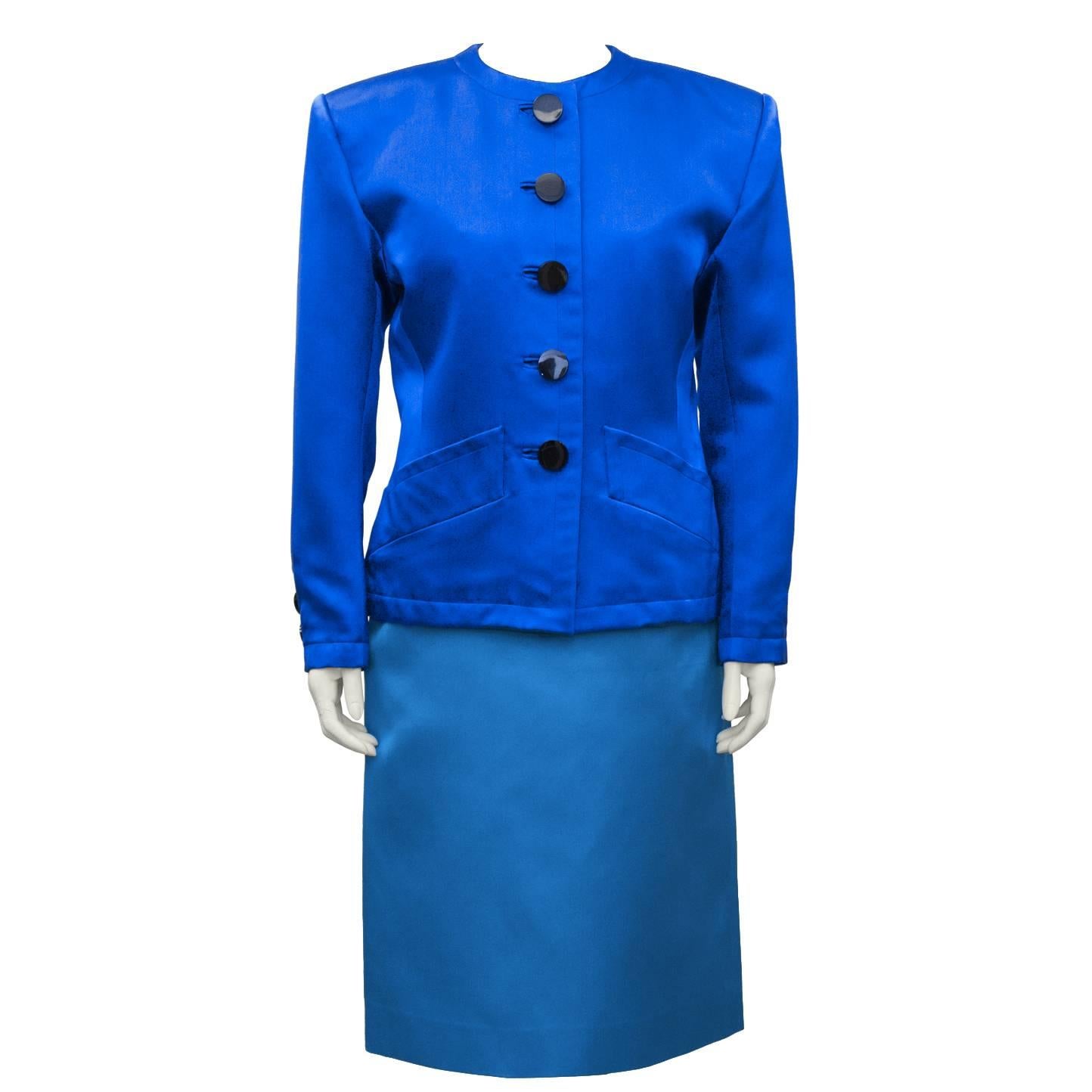 1980's Yves Saint Laurent/YSL Shades of Blue Skirt Suit For Sale