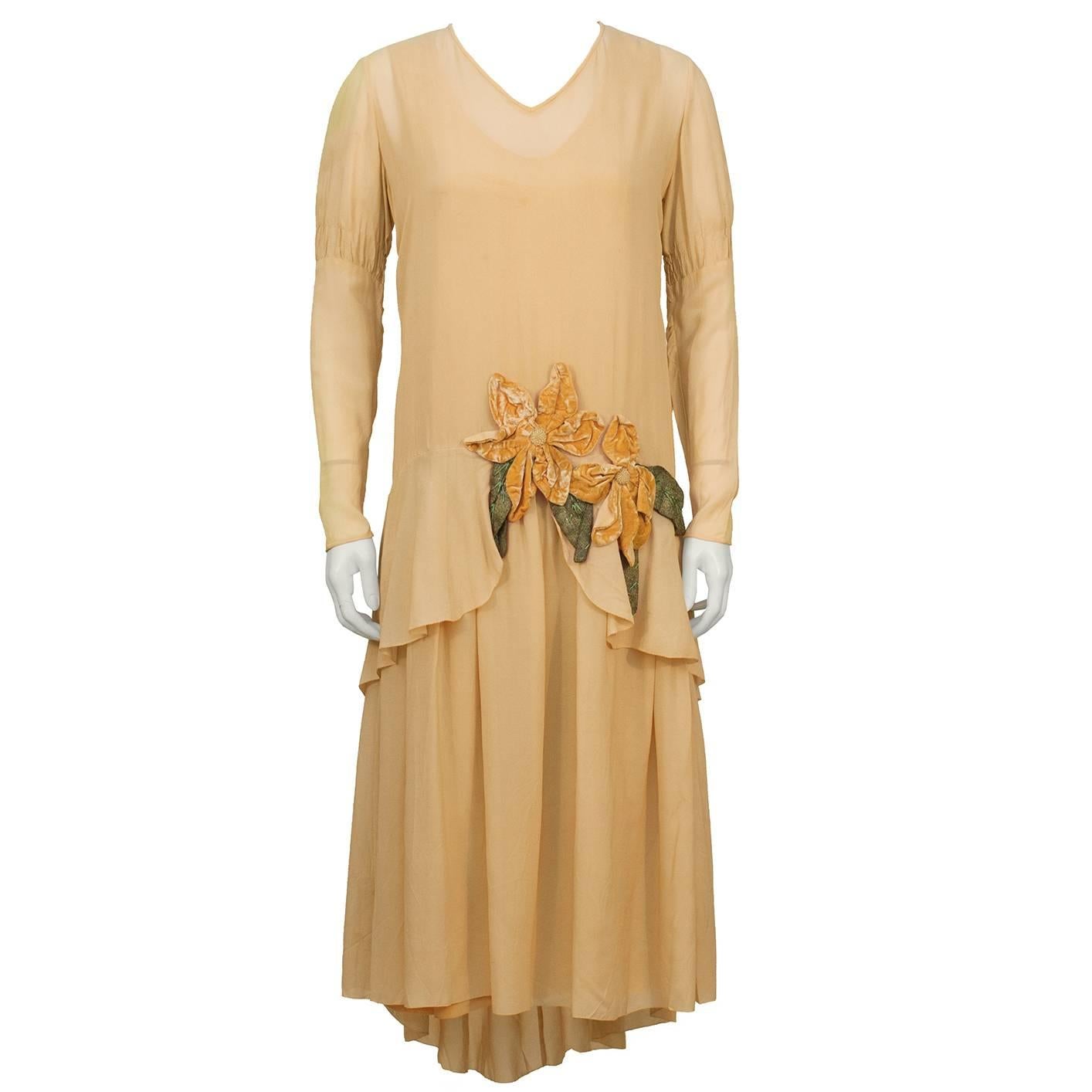 1920's Peach Chiffon and Velvet Flapper Dress and Hat