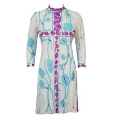 1960's Bessi Blue Leaf Print Silk Jersey Dress