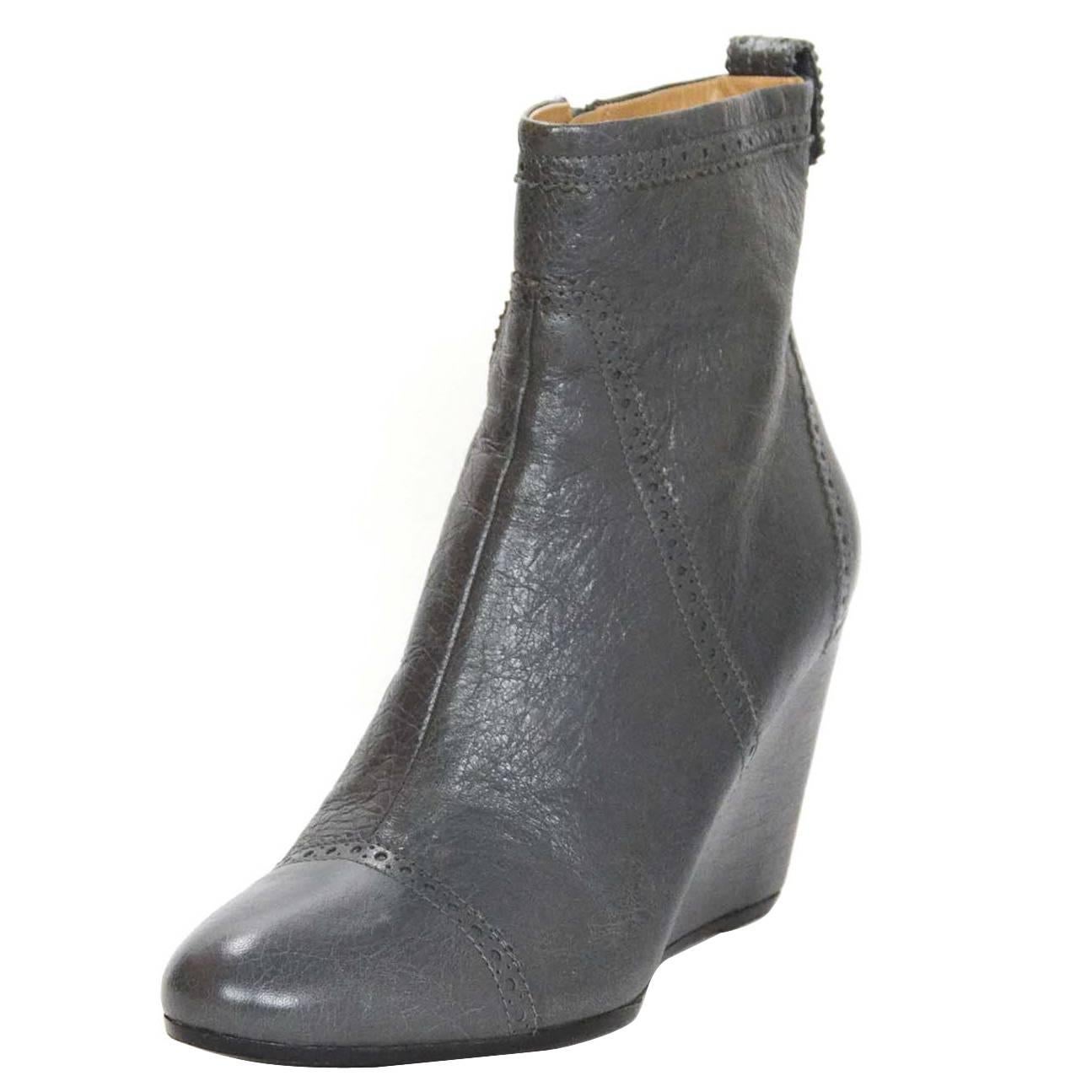Balenciaga Grey Leather Brogue Ankle Wedge Boots sz 41