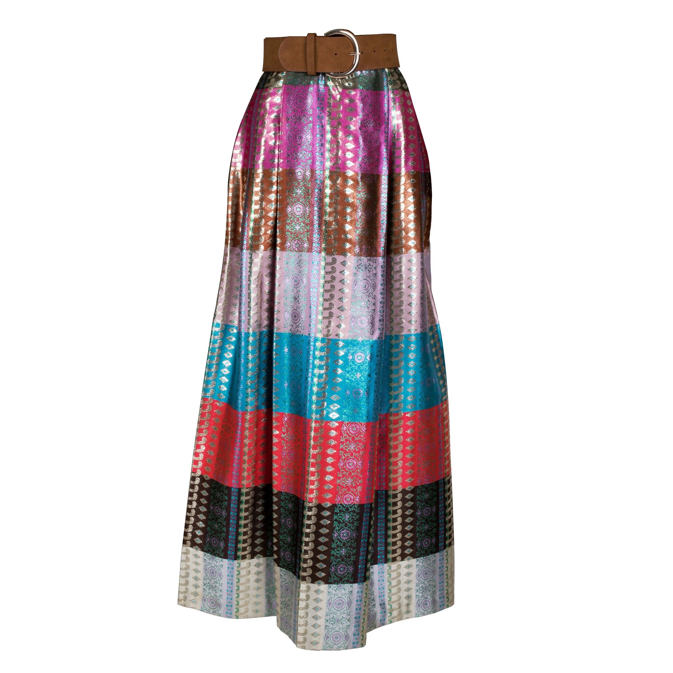 1970's Multicolour Metallic Striped Brocade Maxi Skirt For Sale