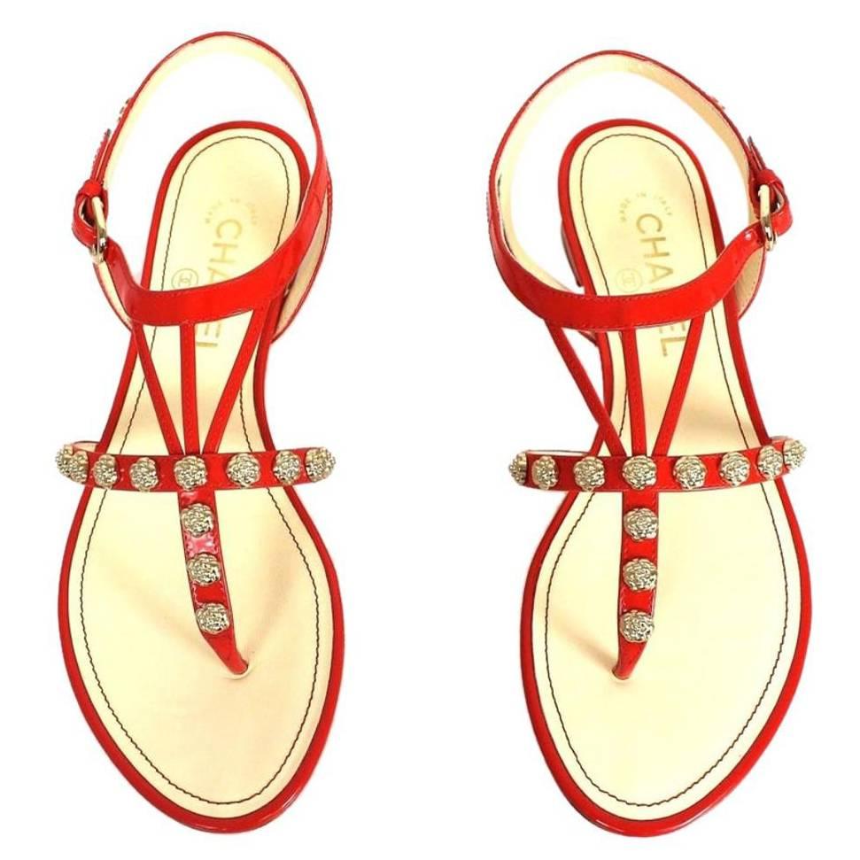CHANEL Patent Leather Gold Camellias Orange Sandals For Sale