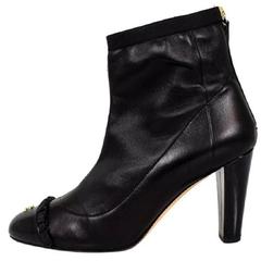 CHANEL Leather Cap Toe Gold Cc Logo Embellished Ankle Heel Black Boots