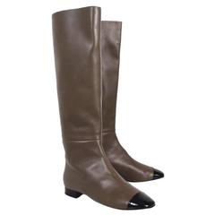 CHANEL Leather Black Patent Leather Cap Toe Riding Knee High Brown Boots