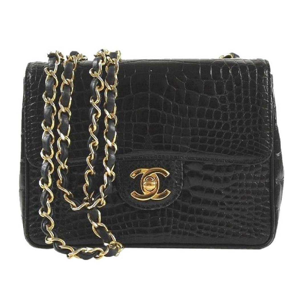 CHANEL Black Vintage Crocodile Classic Mini Flap Shoulder Bag For Sale