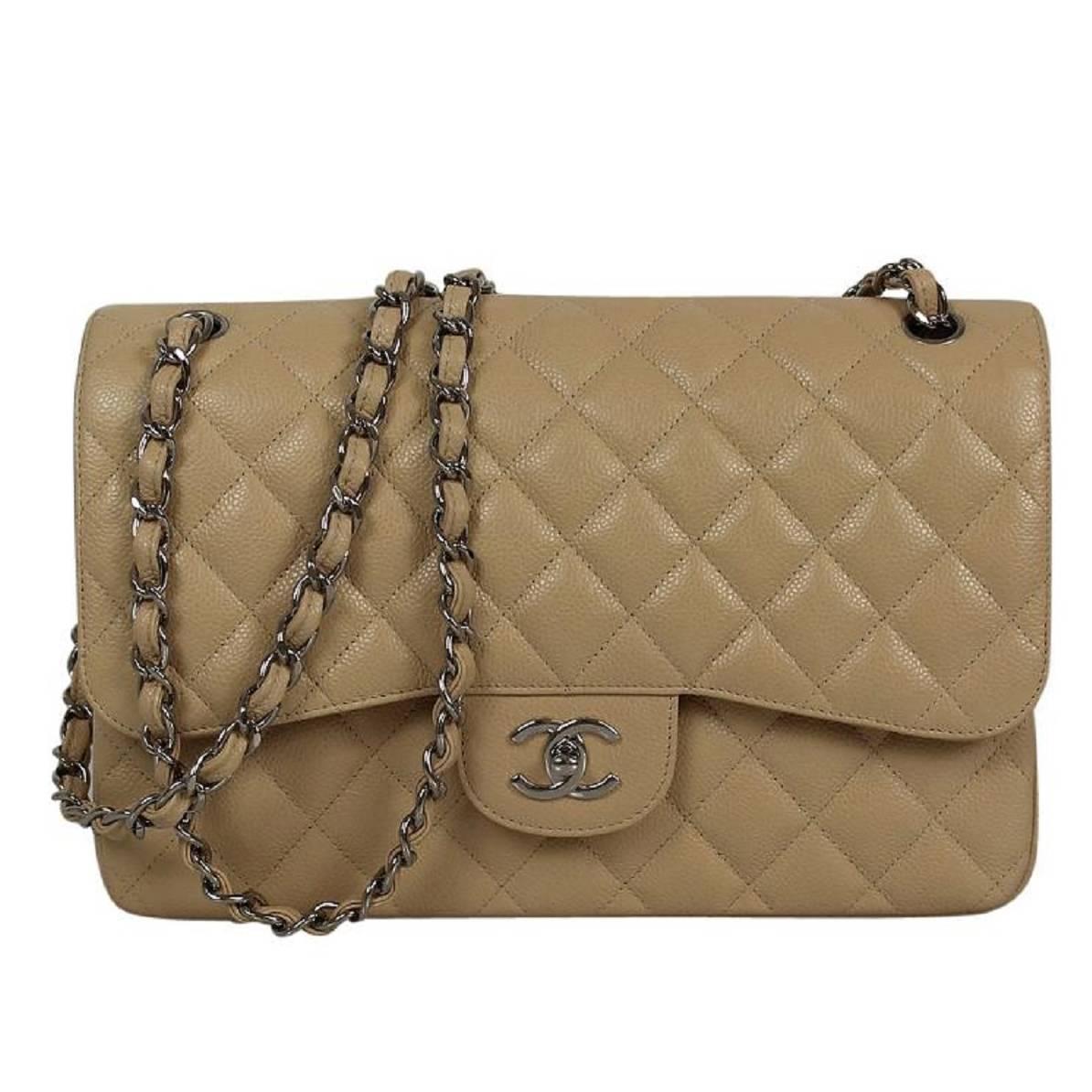 CHANEL Quilted Caviar Leather Classic Jumbo Double Flap Biege Shoulder Bag For Sale