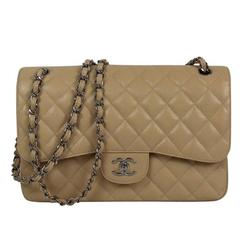 CHANEL Quilted Caviar Leather Classic Jumbo Double Flap Biege Shoulder Bag