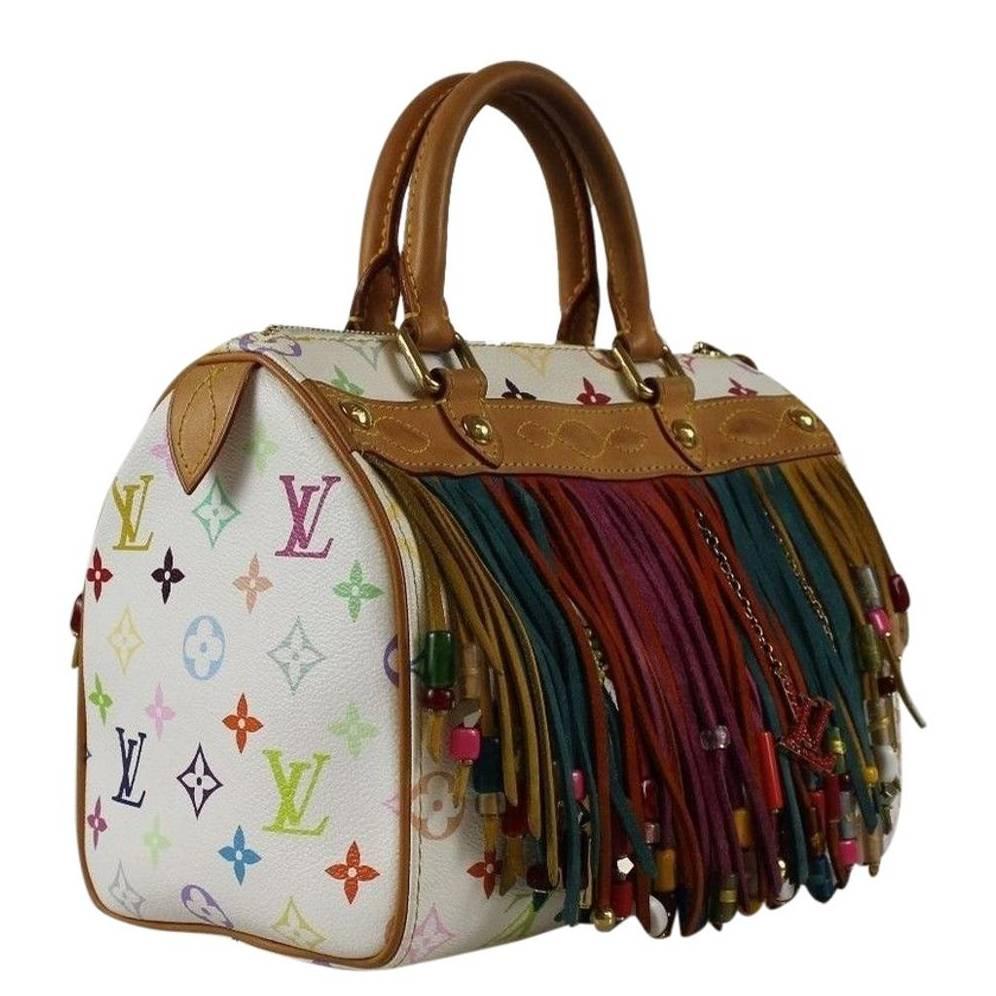 LOUIS VUITTON Speedy 25cm Monogram Fringed Leather Multicolor Tote Bag For Sale