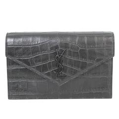 SAINT LAURENT Monogram Crocodile-embossed Leather Black Cross Body Bag