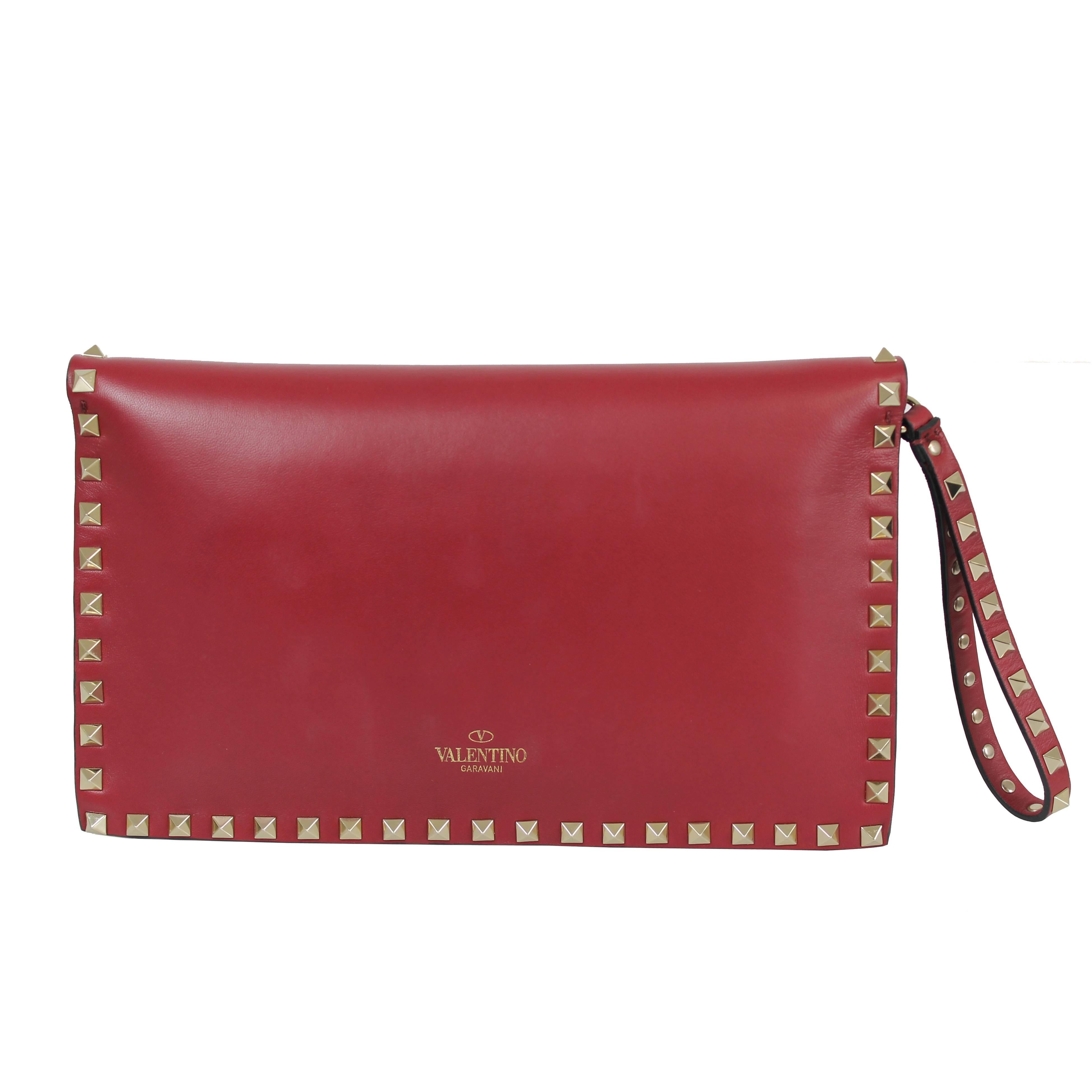 VALENTINO Rockstud Leather Red Clutch For Sale