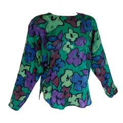 Flora Kung Floral Silk Jacquard Blouse Emerald Green + Purple Pink 1980s Size 8 2