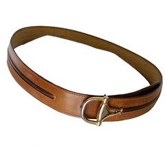 Gucci Tan and Brown Leather Belt with Horse Bit Buckle Size 75 30 1970s