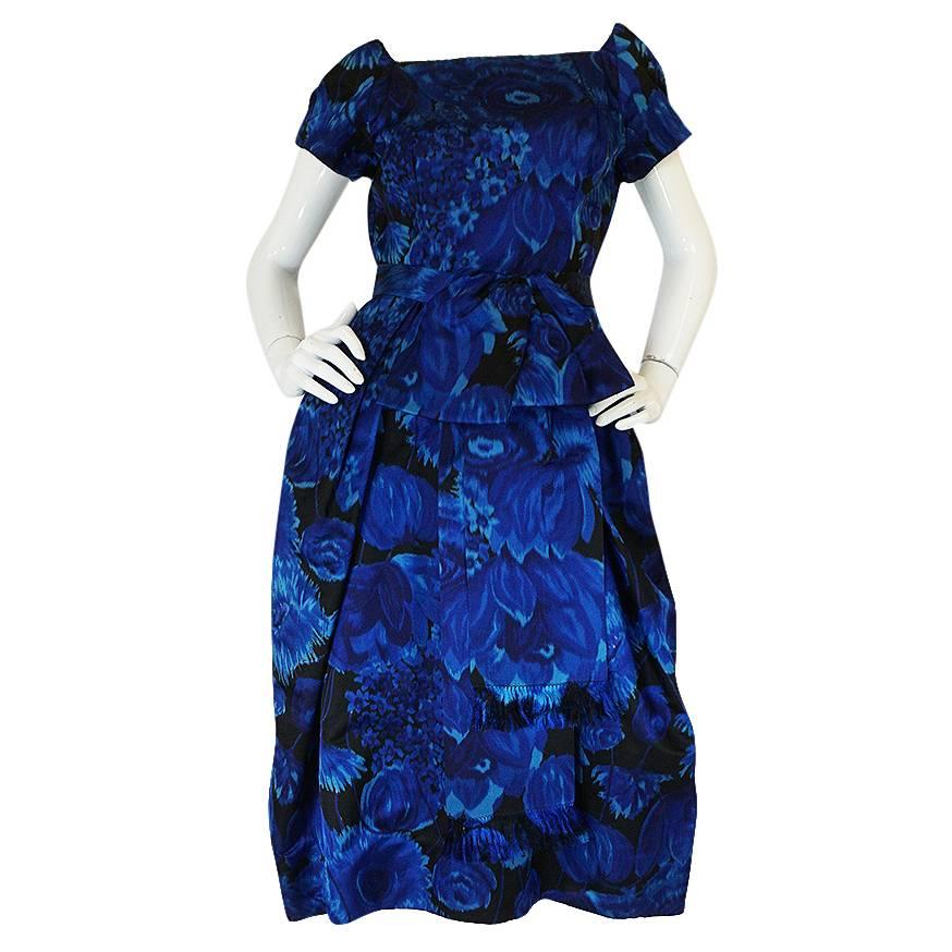 1950s Deep Blue Floral Demi-Couture Level Silk Dress
