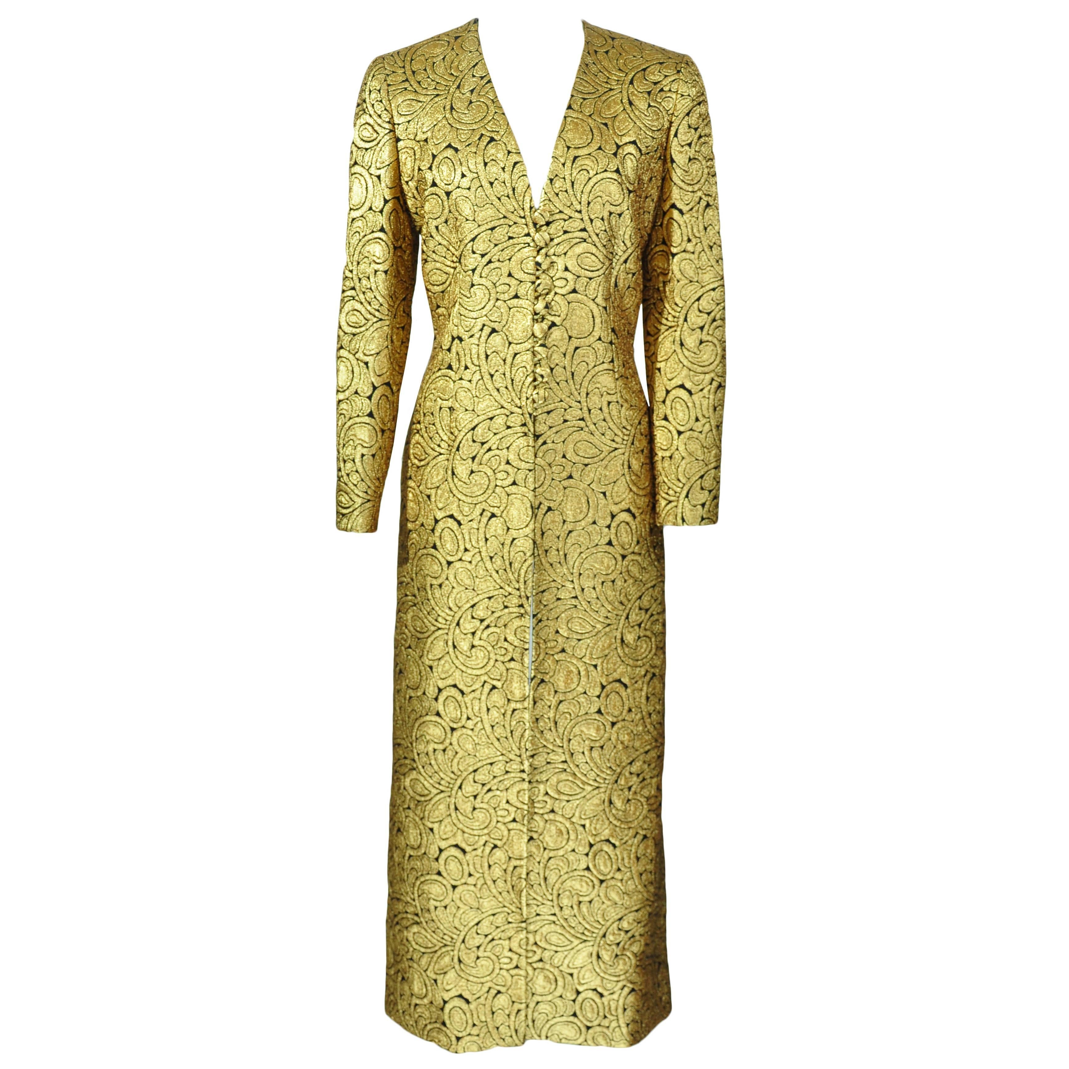 Celine by Michael Kors 90's Gold Brocade V Neck High Slit Maxi Dress For Sale