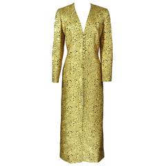 Celine by Michael Kors 90's Gold Brocade V Neck High Slit Maxi Dress