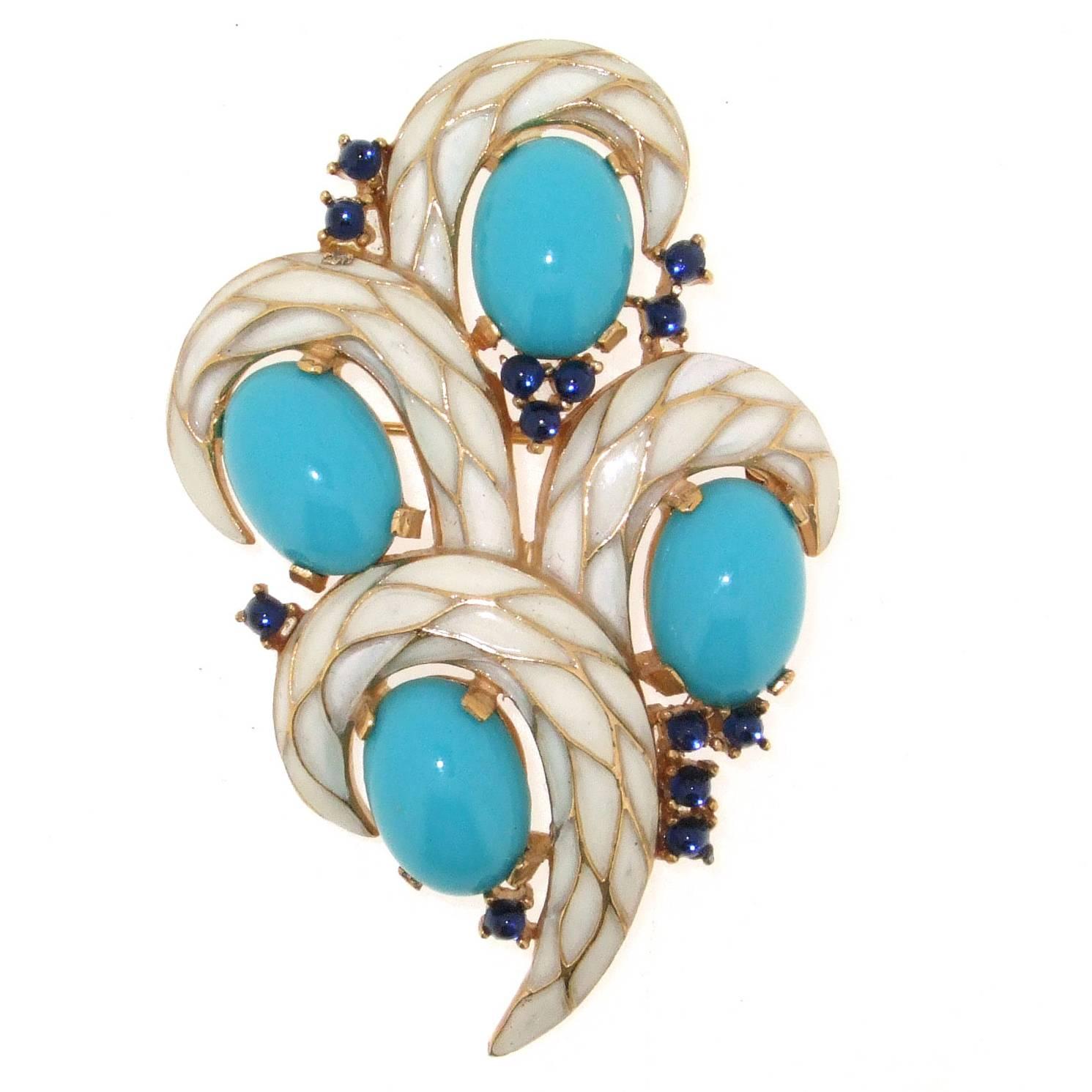 Vintage White Enamel and Turquoise Brooch by Trifari L'Orient Collection 1968