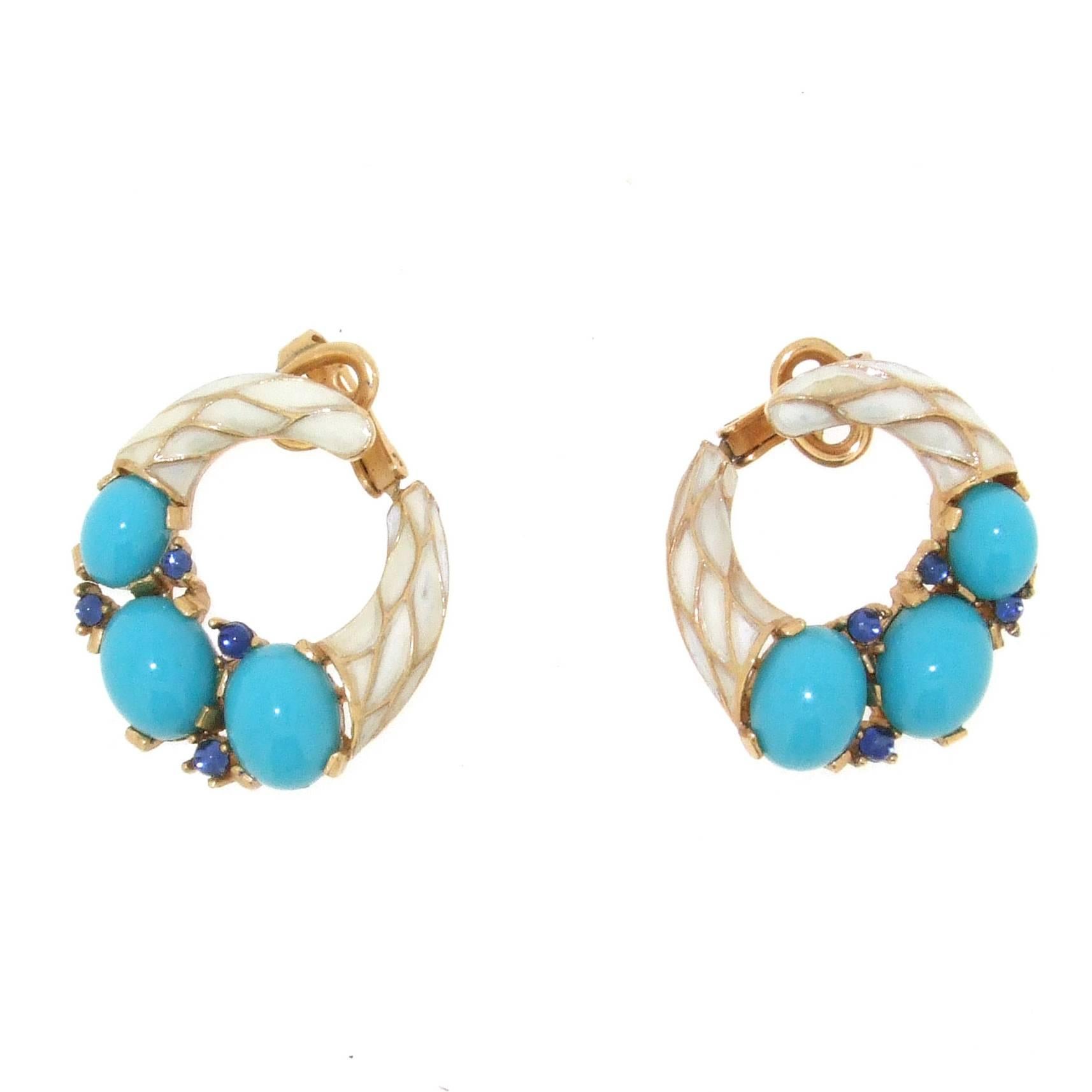 White enamel and Turquoise Earrings by Trifari L'Orient Collection 1968 For Sale