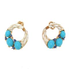 White enamel and Turquoise Earrings by Trifari L'Orient Collection 1968