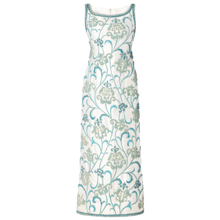 D'Roz ivory and turquoise beaded dress, circa 1964 at 1stDibs