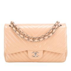 Chanel Beige Patent Chevron Jumbo Classic Double Flap Bag For Sale at ...