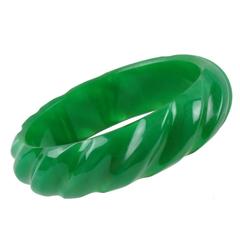 Bakelite Bracelet Bangle deep rope carved emerald green marble