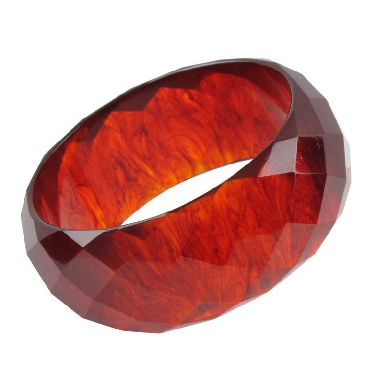 Bakelite Bracelet Bangle deep faceted carved rootbeer amber marble at