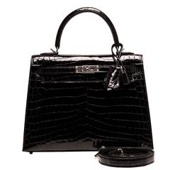 Hermes Black Shiny Niloticus Crocodile Kelly Sellier 25cm