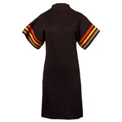1960s Neusteters Vintage Black Wool Sheath Dress with Suede Leather Stripes