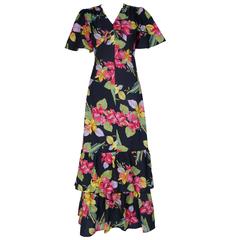 1970's Black Floral Ruffled 2-in-1 Dress with Capelet Sleeves