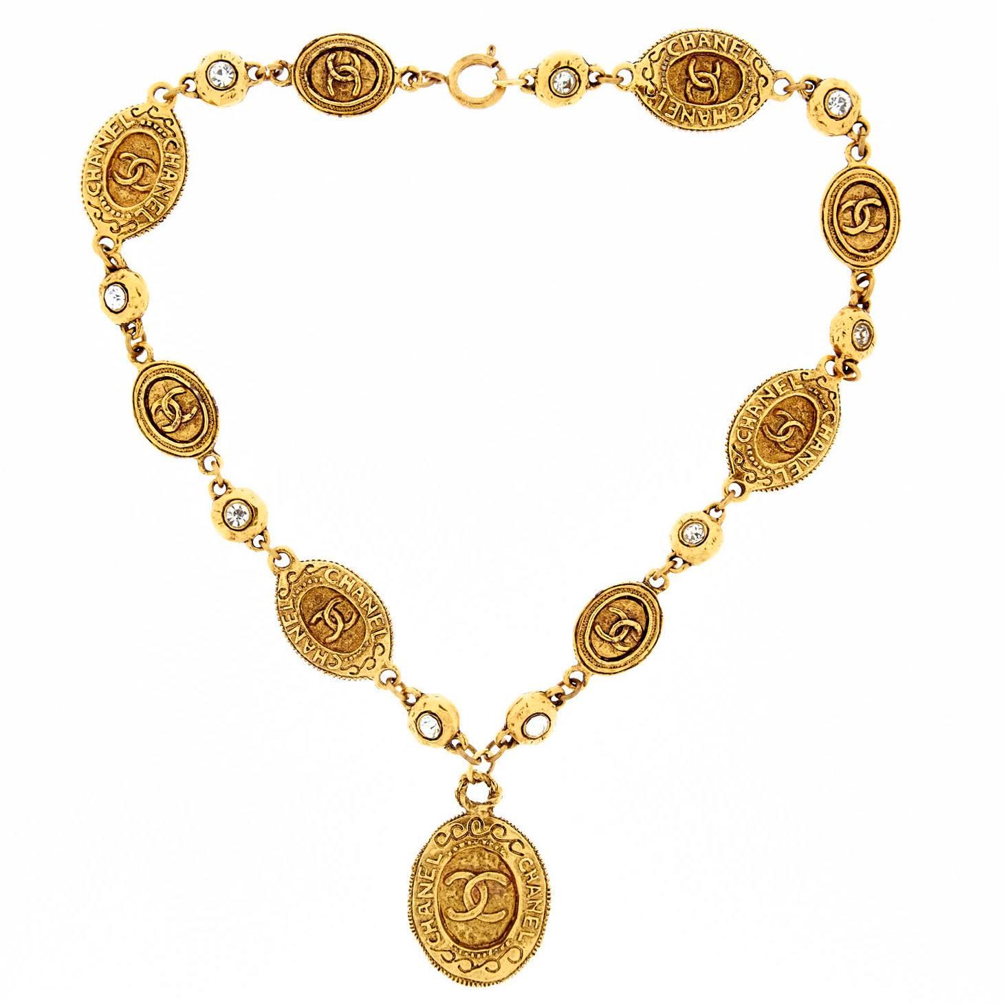 Chanel Gold Pendant Necklace with CC Logo 1970s For Sale