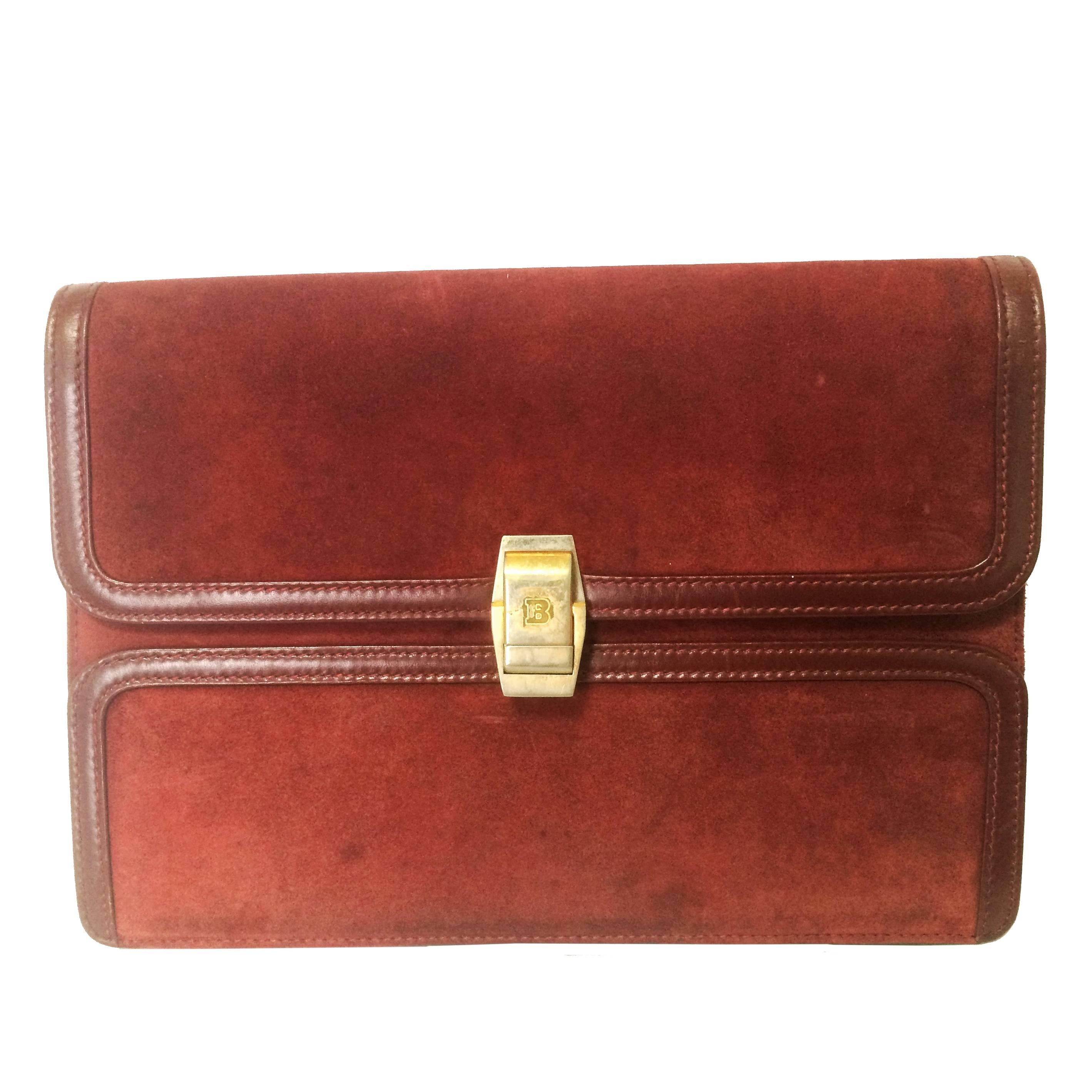 Vintage BALLY genuine wine suede leather clutch bag, mini purse with golden logo For Sale