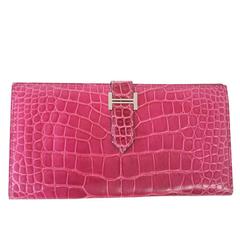 Hermes Bearn Wallet Fuchsia Alligator Bi Fold Long Palladium 