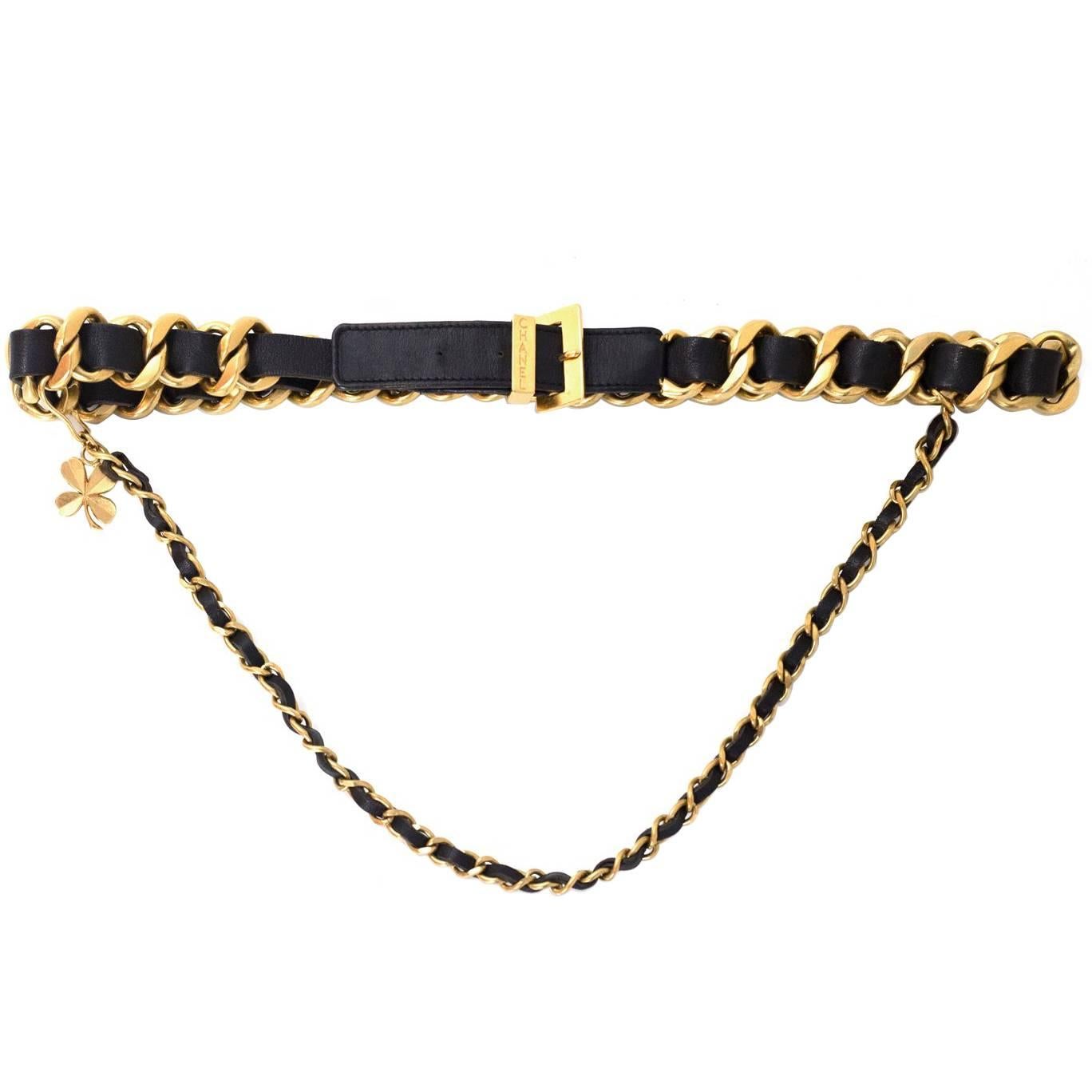 Chanel Vintage '93 Black Leather Woven Chain Link Belt sz 75
