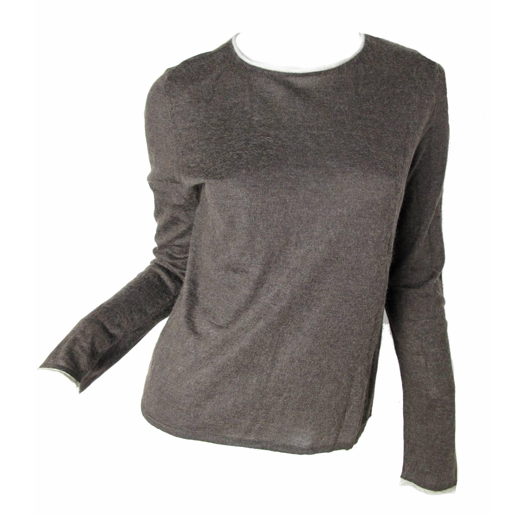 Chanel Cashmere/Silk Brown Sweater with Grey Piping at Neck and Cuffs