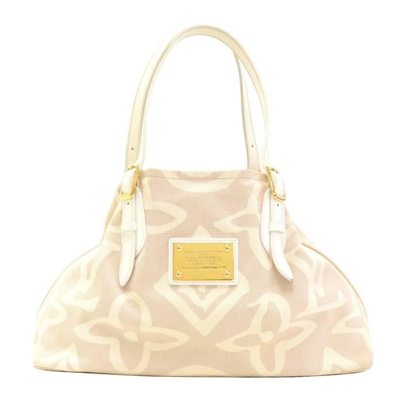 Louis Vuitton Tahitienne Cabas White Leather x Baby Beige Canvas Tote Handbag For Sale