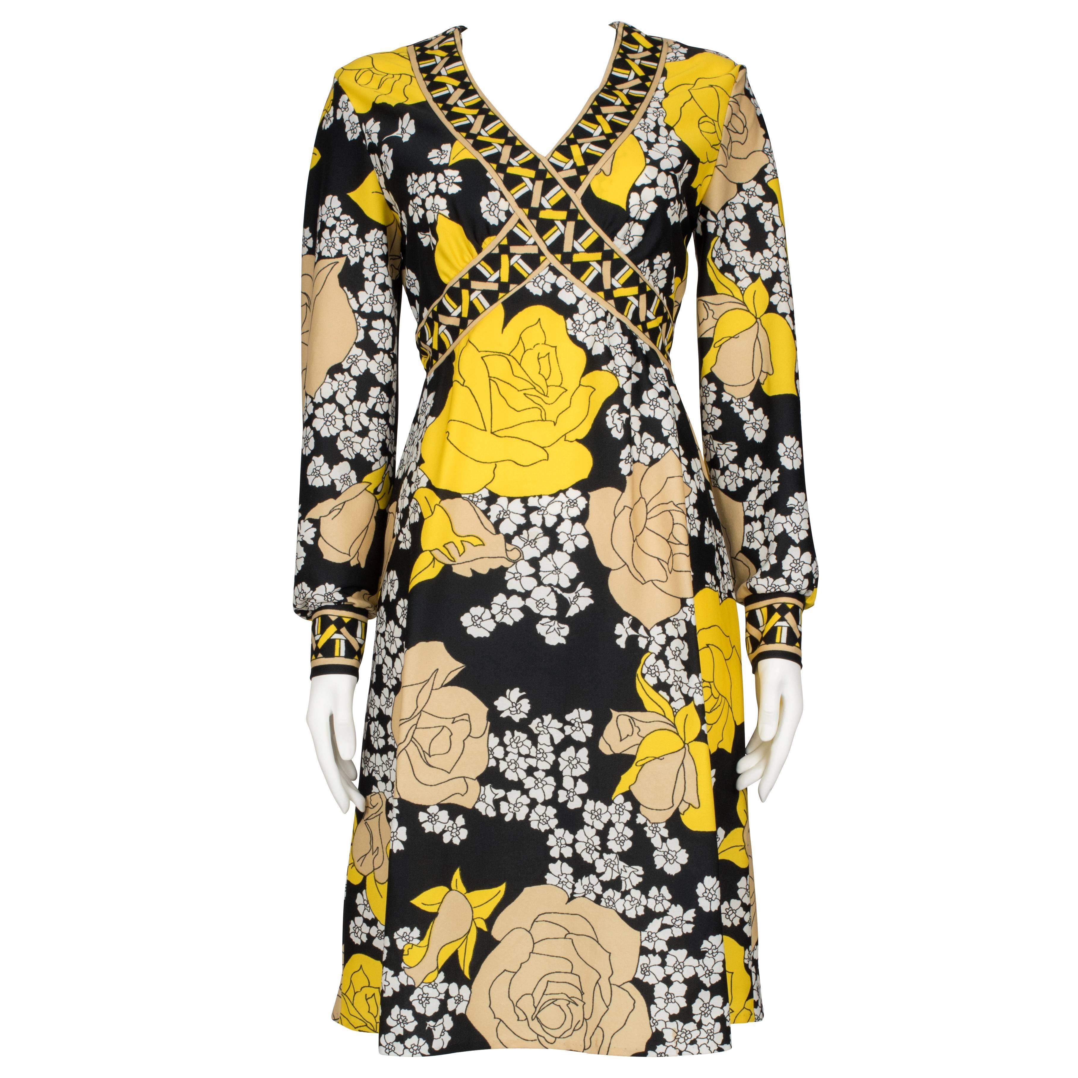 1970's Yellow & Black Floral Dress with Geometric Frieze For Sale