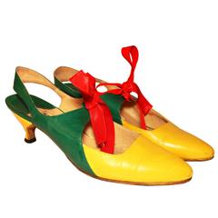 Vintage 1980s Yellow and Green Leather Manolo Blahnik Sling Back Shoes