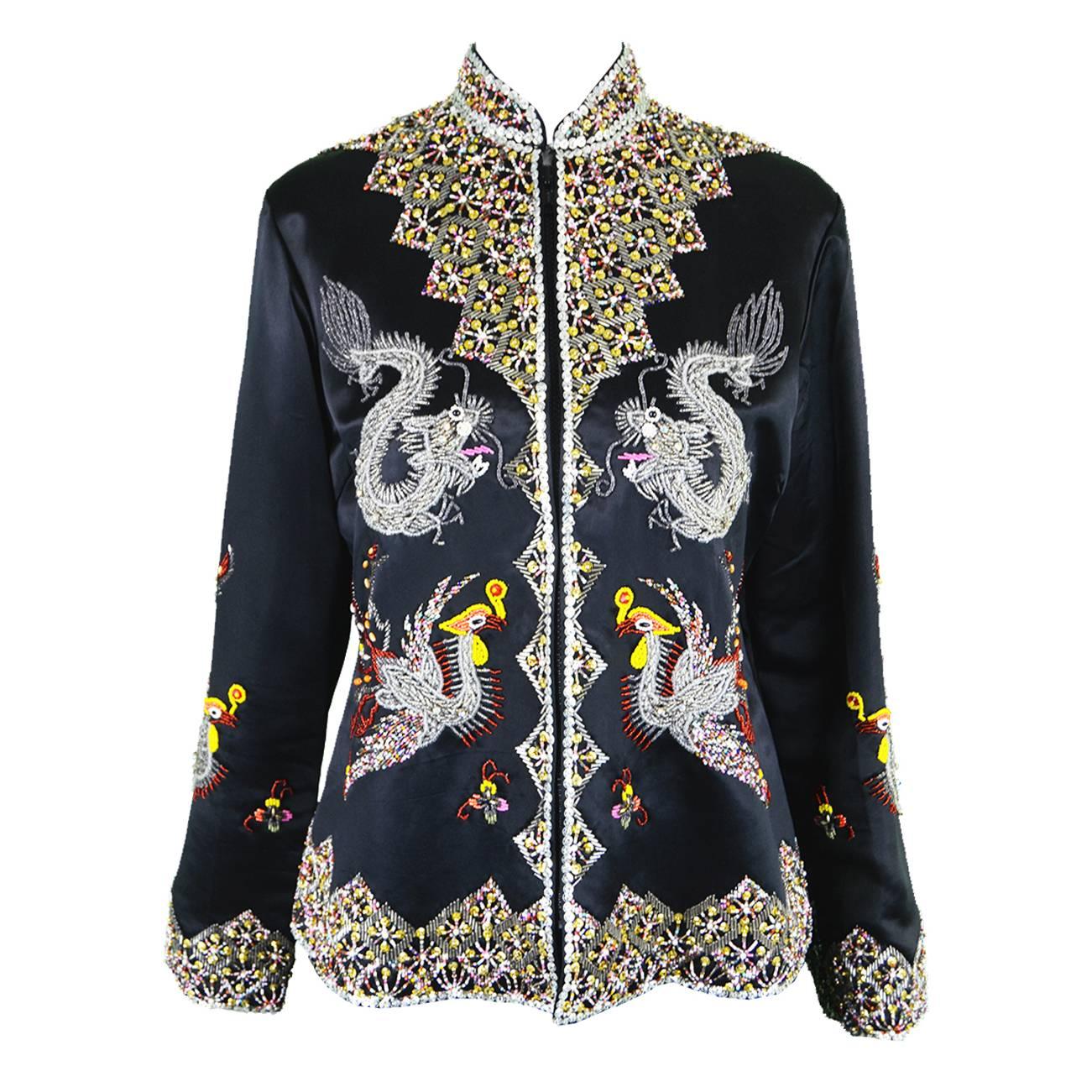 Vintage Silk Satin Asian Hand Beaded Silk Satin Jacket, 1960s