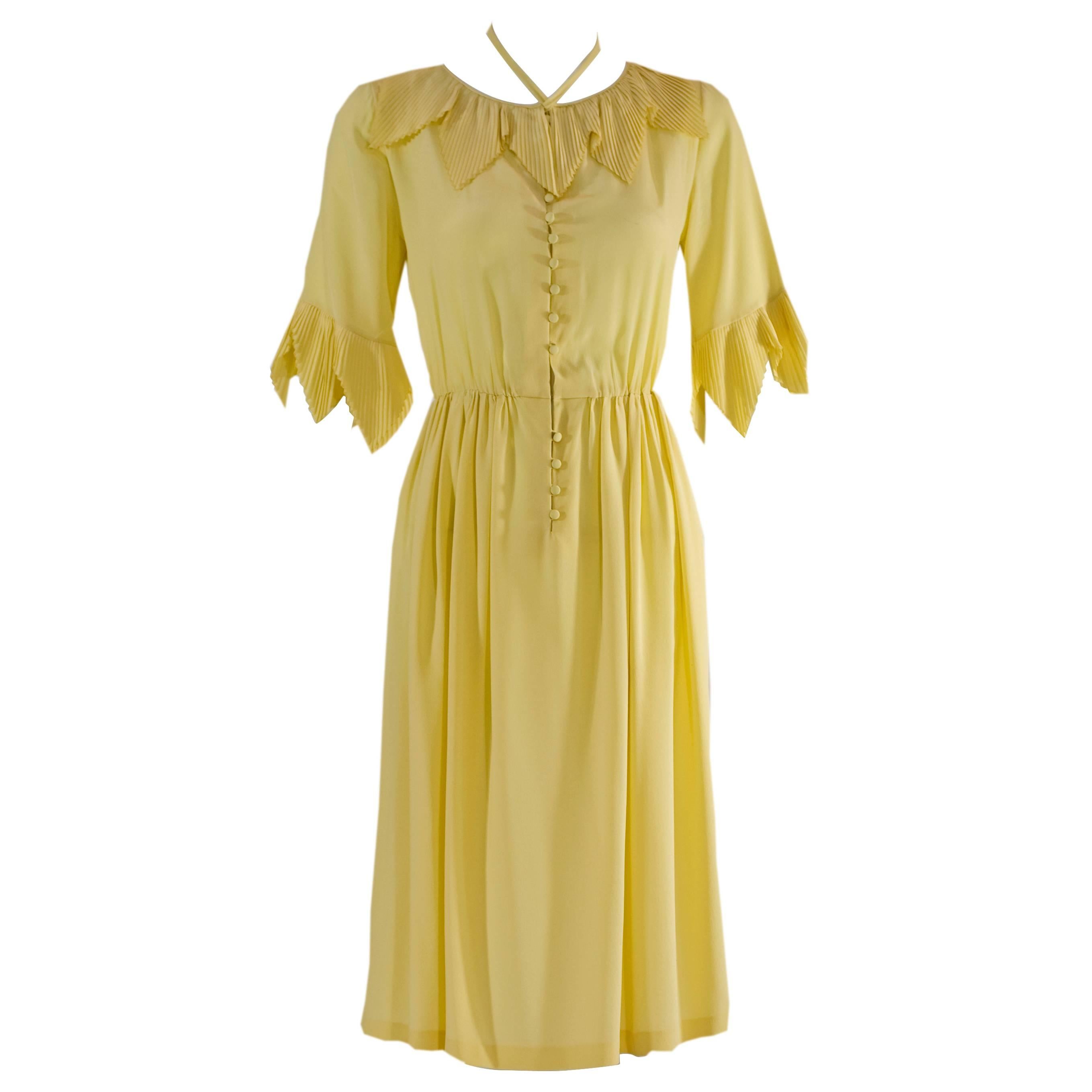 Karl Lagerfeld for Chloé Soft Yellow Silk Accordion Pleat Collar Dress, 1970s