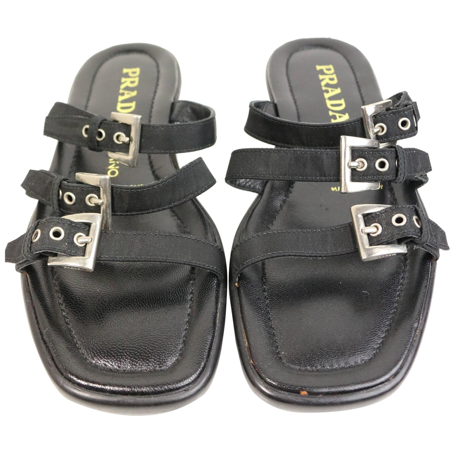 Prada Black Leather Slip-On Sandals For Sale at 1stdibs